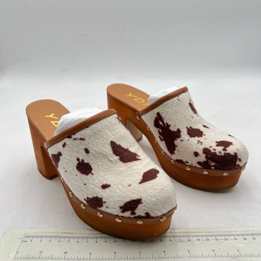 YDN White Cow Platform Slip On Clogs Mules Cork High Heel Round Toe Rivet Sandal - Picture 4 of 8